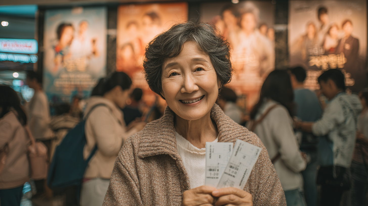 CGV 영화관 앞에서 영화 할인권을 들고 기뻐하는 한국인 여성
