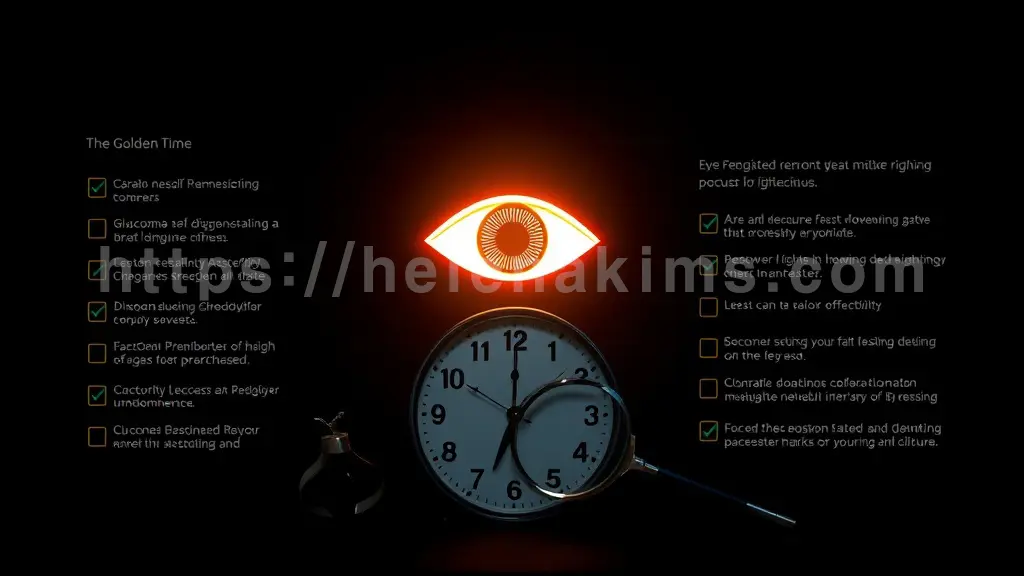 배경에 경고등처럼 빛나는 눈 아이콘을 중앙에 배치, 눈 주변에는 녹내장 자가 진단 체크리스트 문항들이 투명하게 겹쳐 보이고, 그 아래에는 시계가 빠르게 돌아가며 '골든타임'의 긴박함을 암시하는 이미지.