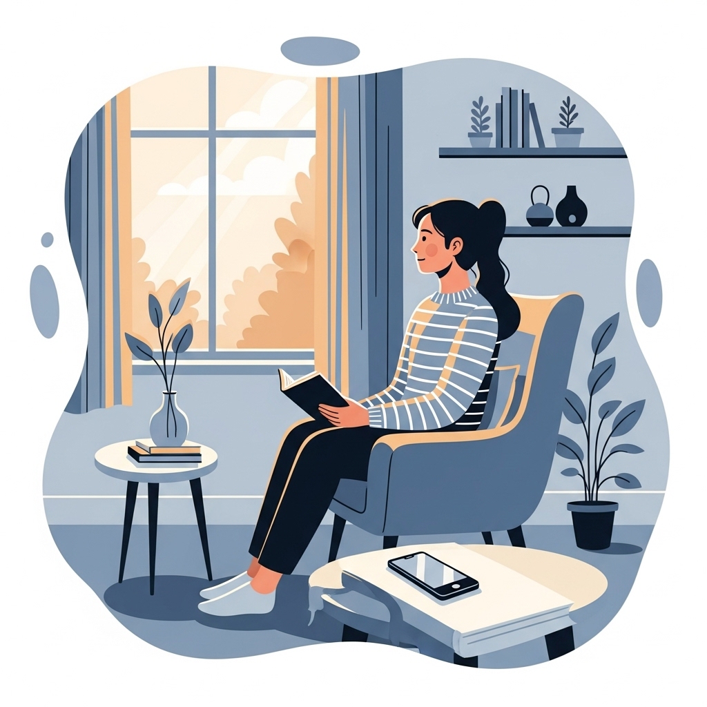 창밖을 보며 명상하는 사람 옆에 놓인 스마트폰. 디지털 기기에서 벗어나 평온하고 자유로운 마음 상태를 표현한 이미지.