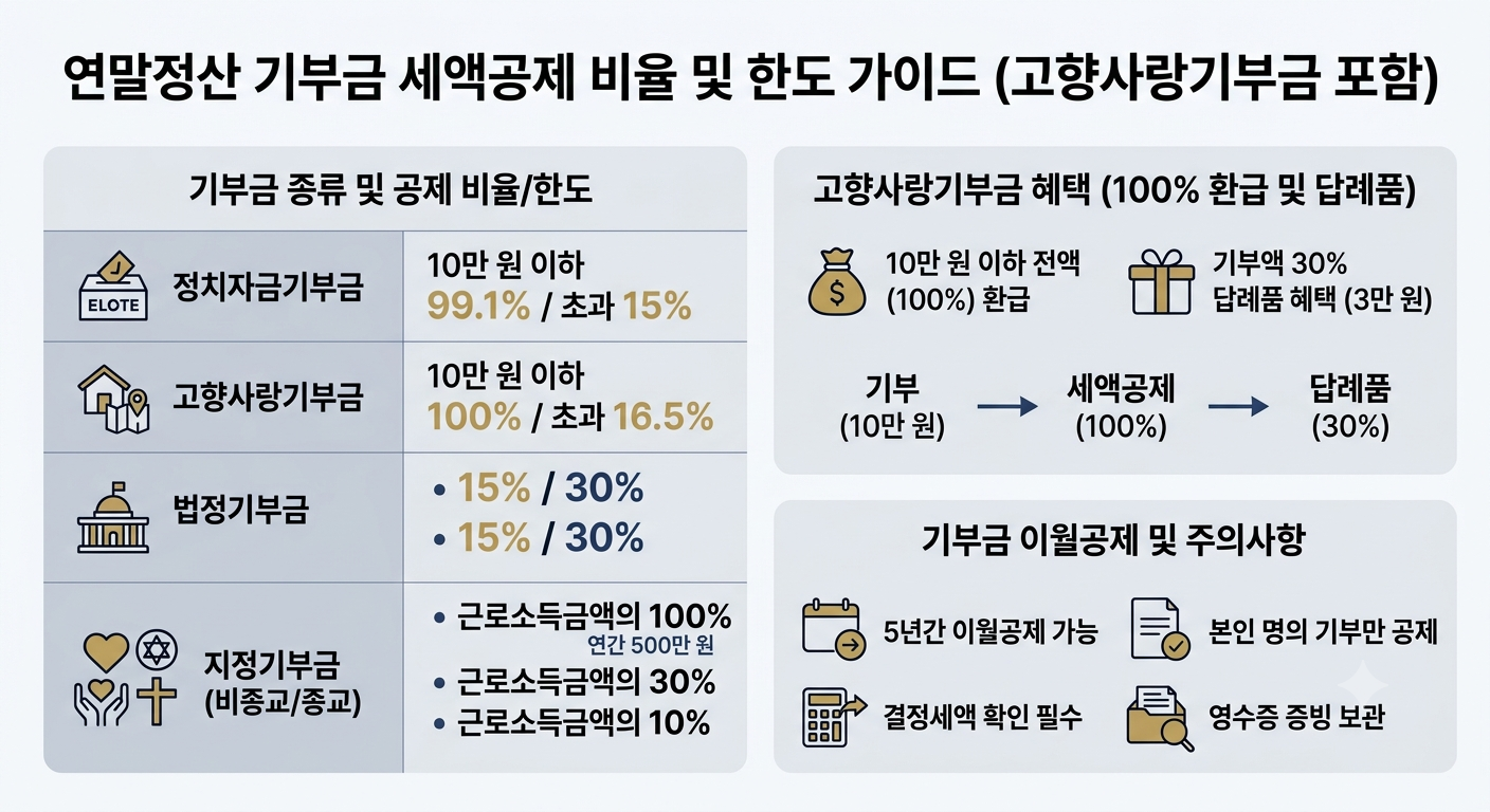 연말정산 기부금 종류별 세액공제 비율 및 고향사랑기부금 혜택 인포그래픽