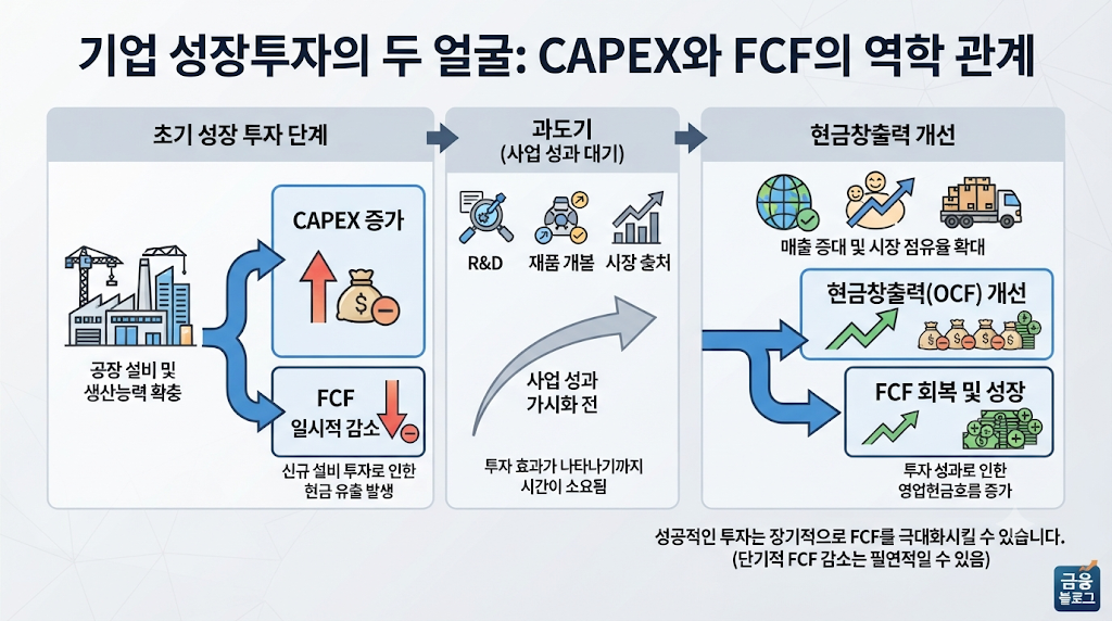 성장투자와 FCF 변화의 관계를 보여주는 기업 현금흐름 구조