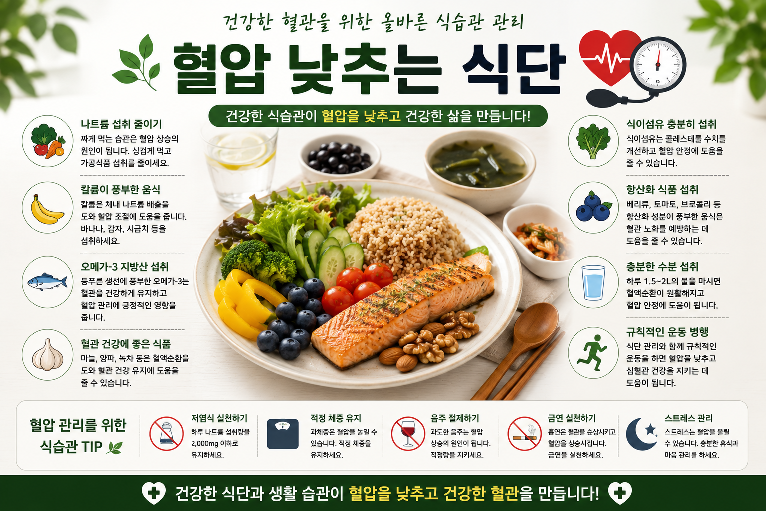 건강한 혈관, 혈압 낮추는 식단 요약 이미지