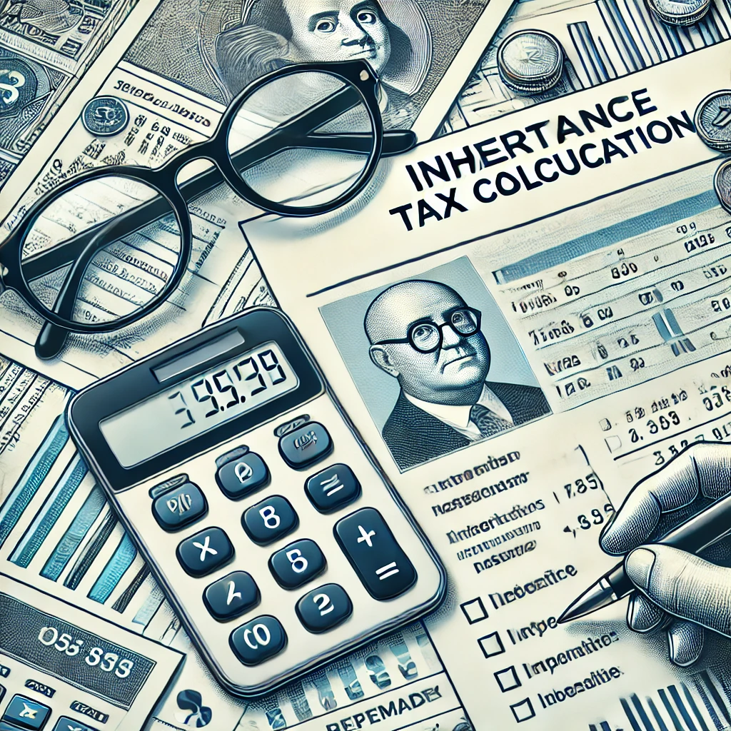 상속세 계산에 필요한 재무 서류와 계산기를 포함한 자세한 일러스트, 정보 전달에 중점을 둔 스타일