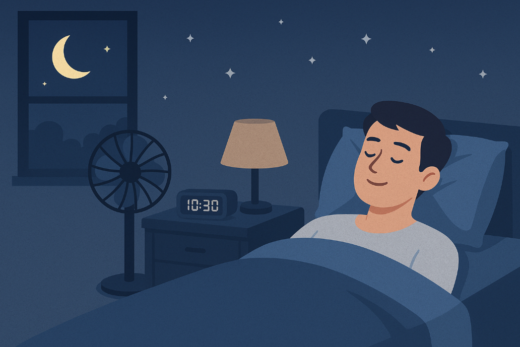 여름 열대야에도 시원하고 편안하게 잠들어 있는 남성의 침실 모습