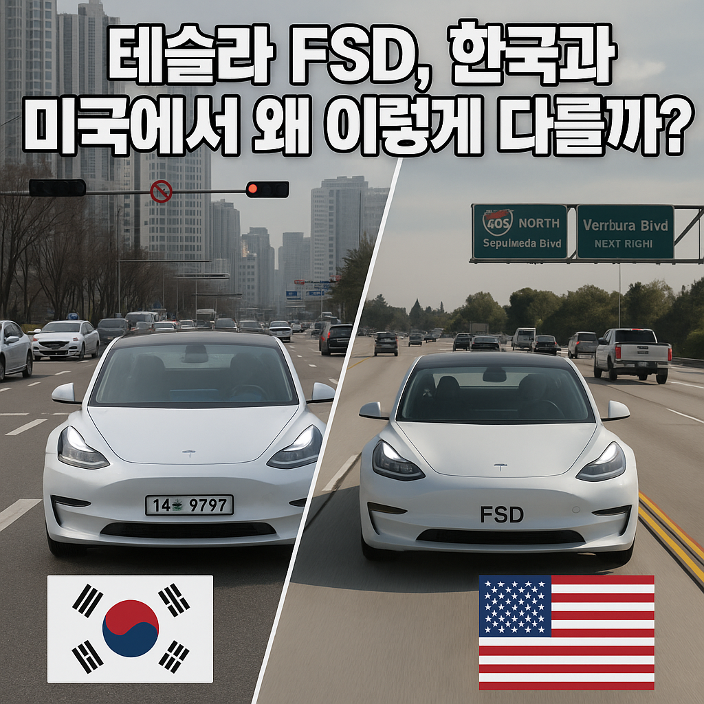 한국 도로와 미국 도로에서 주행 중인 테슬라 차량 사진