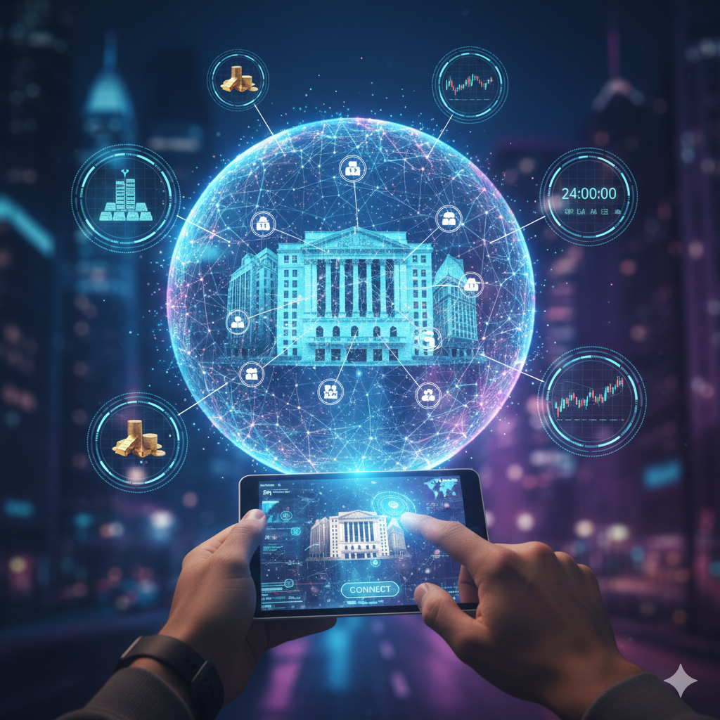 밤의 도심을 배경으로 태블릿을 든 두 손의 모습. 태블릿 화면 위에는 뉴욕증권거래소 건물을 중심으로 한 거대한 홀로그램 지구가 떠 있으며, 그 주변으로 '24:00:00' 타이머, 주식 그래프, 금괴 등 실물 자산 토큰화(RWA)를 상징하는 아이콘들이 네트워크 선으로 연결된 모습.