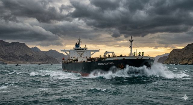 호르무즈 해협을 지나는 유조선과 국제 유가 상승 상황을 보여주는 이미지