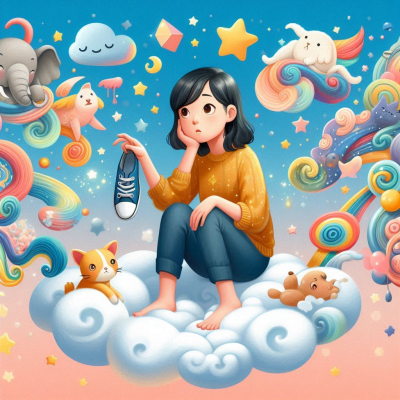 다양한 색상과 동물들이 떠 있는 구름 위에서 휴식을 취하는 남성, 꿈의 세계에 잠긴 모습입니다.