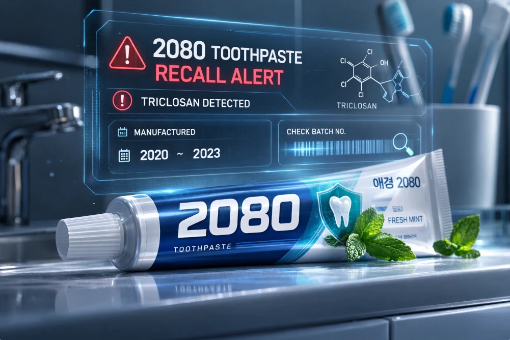 2026년 애경 2080 치약 리콜 사태를 알리는 이미지. 치약 튜브와 함께 경고 아이콘이 강조되어 소비자 주의를 환기합니다.
