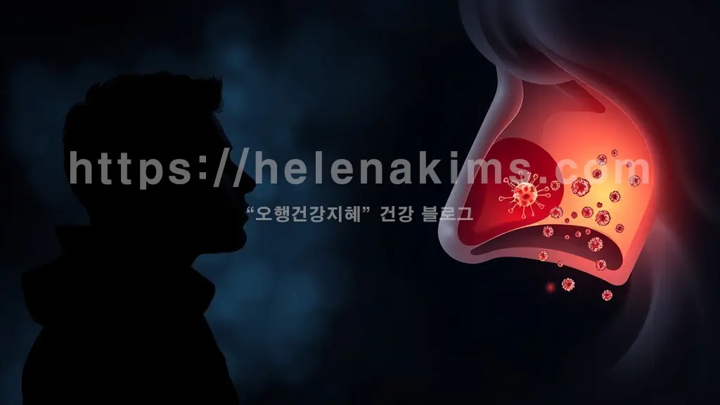 어둡고 신비로운 배경. 코감기 증상(콧물, 재채기)을 보이는 사람 실루엣 옆에, 투명하게 비치는 코 안 부비동 부위에 은밀히 자리 잡은 암세포 그래픽 이미지.