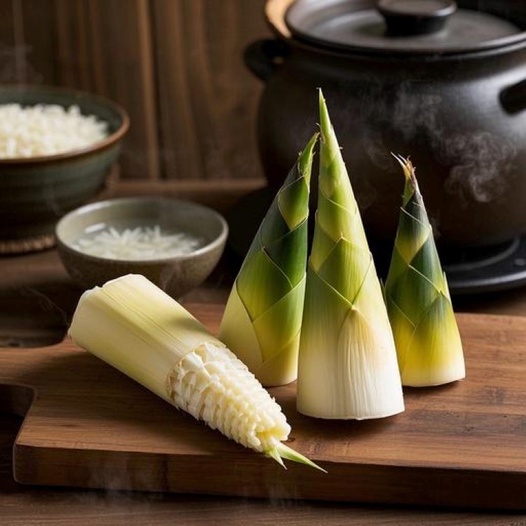 신선한 죽순이 나무 도마 위에 놓여있고, 한쪽에는 껍질을 벗긴 하얀 죽순 속살이, 다른 한쪽에는 아직 껍질이 있는 생 죽순이 배치되어 있다. 배경에는 끓고 있는 냄비와 쌀뜨물이 담긴 그릇이 보이며, 따뜻한 주방 조명이 재료들을 자연스럽게 비추고 있는 모습.