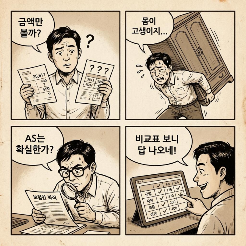 포장이사와 반포장이사의 비용 및 서비스 차이를 비교하는 4컷 만화