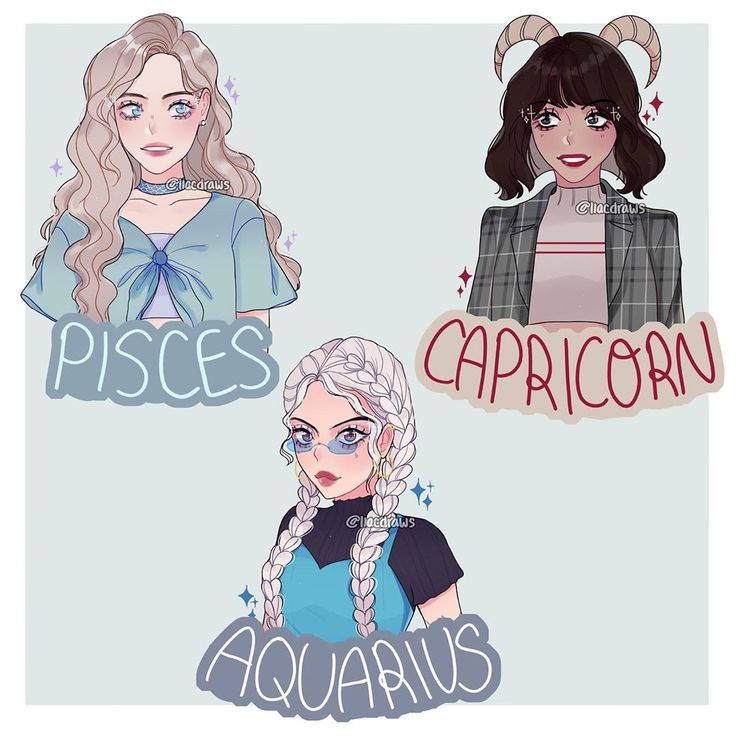 염소자리, 물병자리, 물고기자리 특징을 담은 소녀 일러스트들.