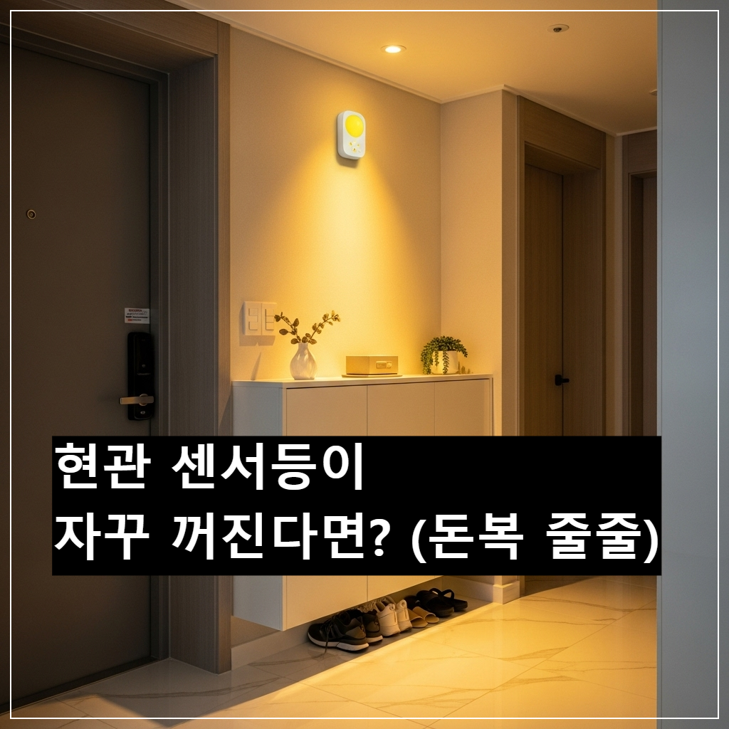 한국식 아파트 현관에 따뜻한 노란색 센서등이 환하게 켜져 있고 신발장이 깔끔하게 정리된 밝은 인테리어 모습