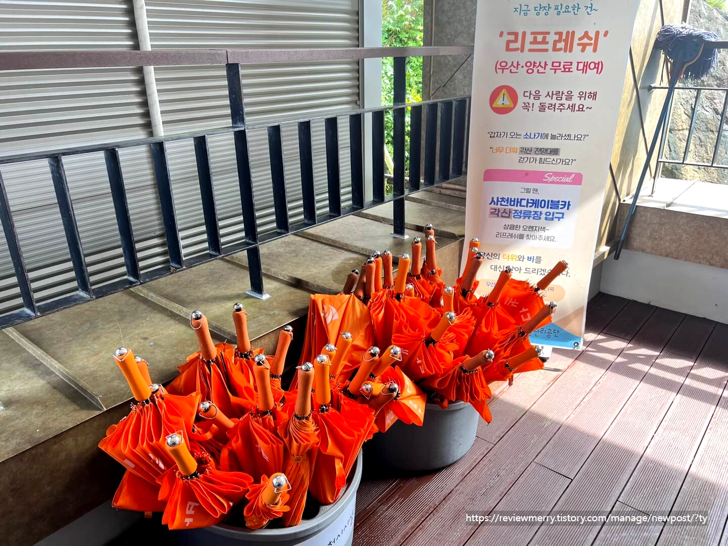 입구 앞 우산배부