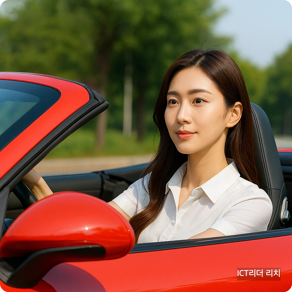 뚜껑이 열린 빨간 스포츠카를 운전하며 CCTV를 바라보는 젊은 여성