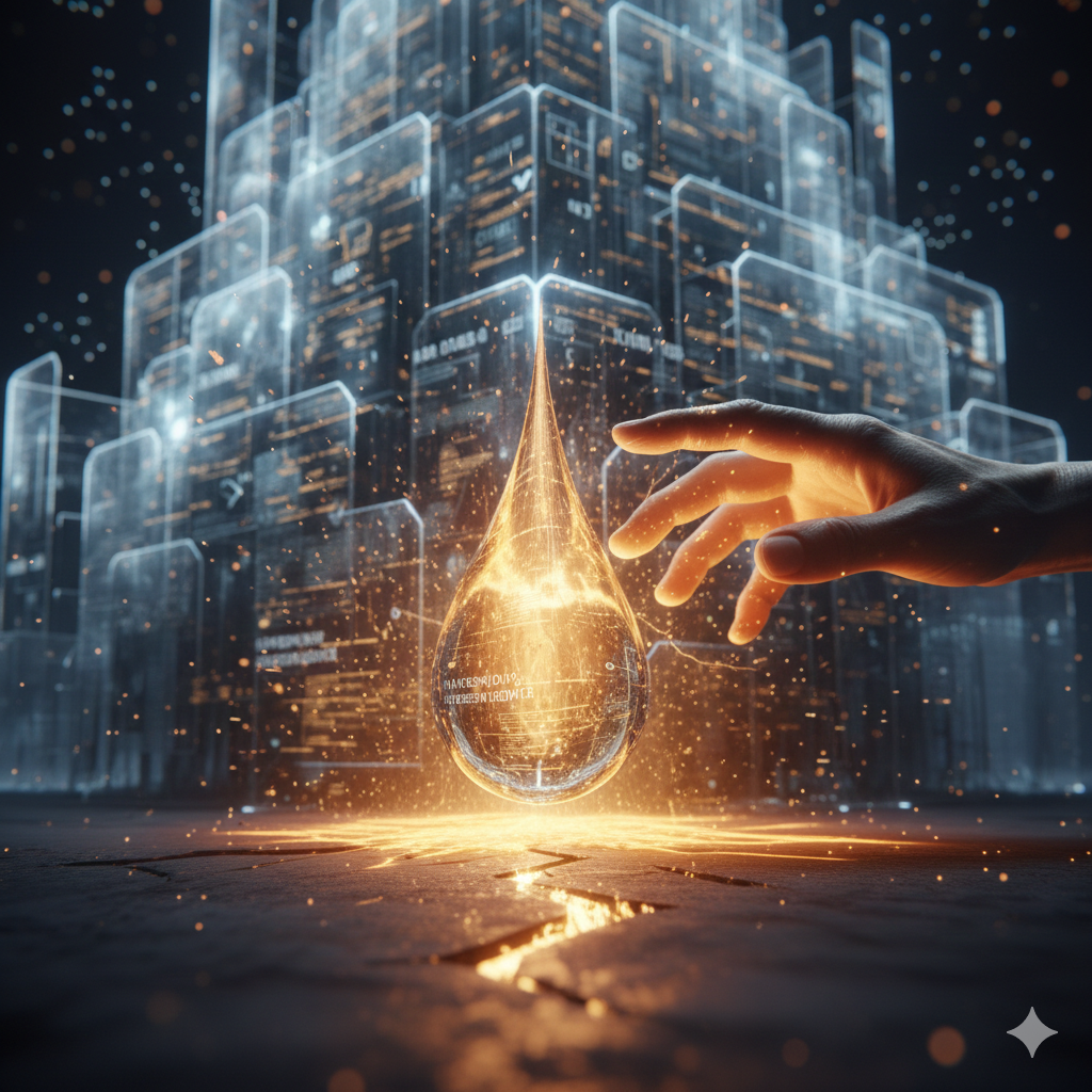 지면의 갈라진 틈 사이로 황금빛 온기가 배어 나오고, 그 중심에 거대한 눈물 한 방울이 공중에 떠 있다. 그 옆으로 인간의 손이 다가와 눈물에 닿으려 하고 있으며, 배경에는 복잡한 데이터가 흐르는 유리 구조물이 배치되어 논리와 감정이 충돌하는 클라이맥스를 상징한다.