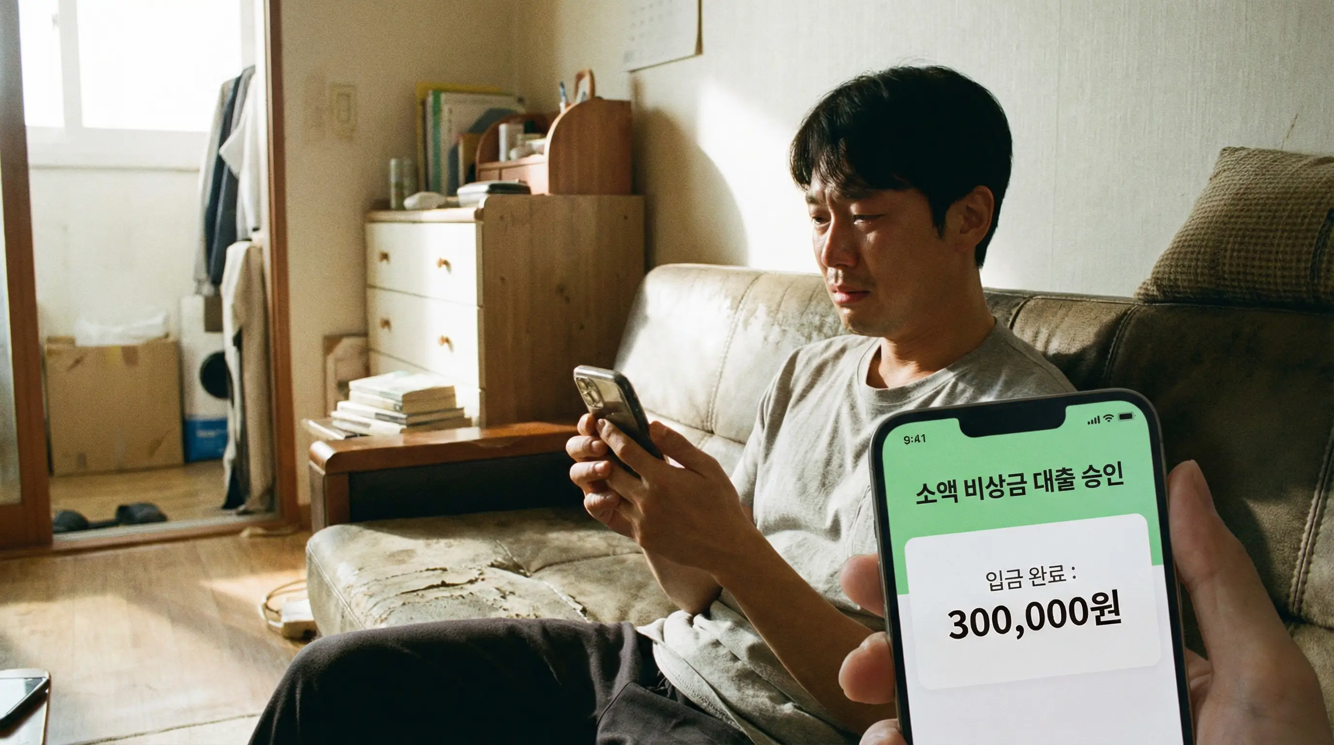 소액 비상금 대출이 승인되어 스마트폰 화면에 입금 완료 메시지가 뜬 안도하는 모습