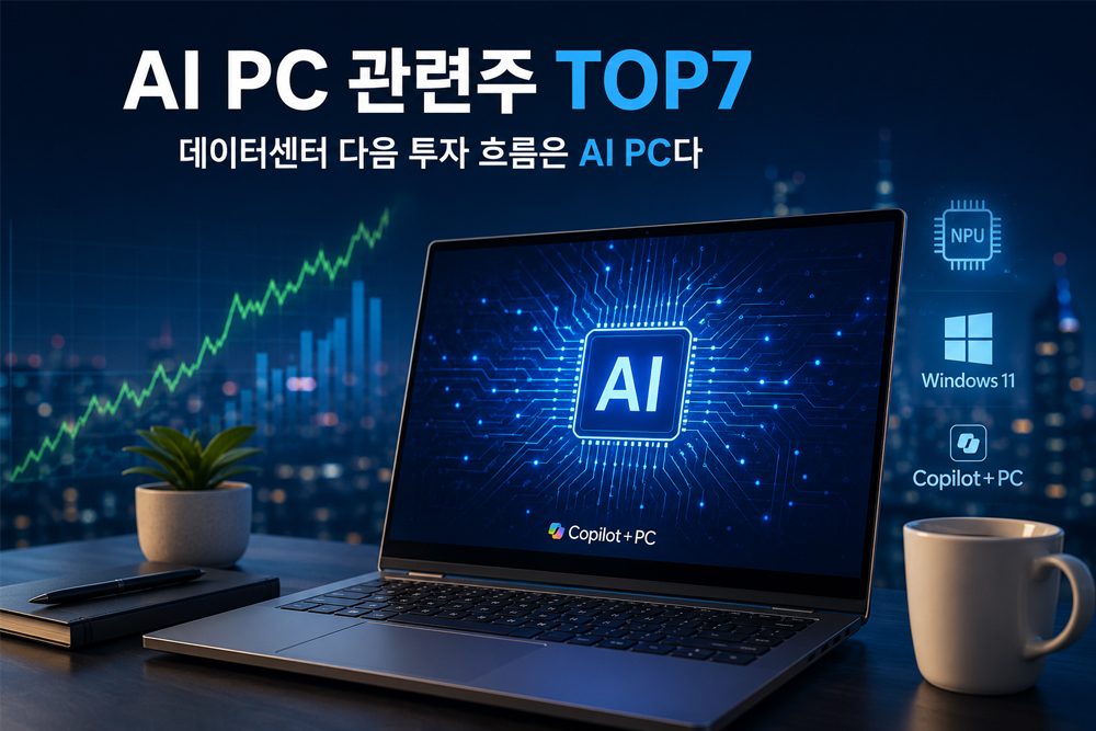 AI PC 관련주 TOP7과 데이터센터 이후 AI PC 교체 수요 확대를 상징하는 노트북과 AI 반도체 이미지