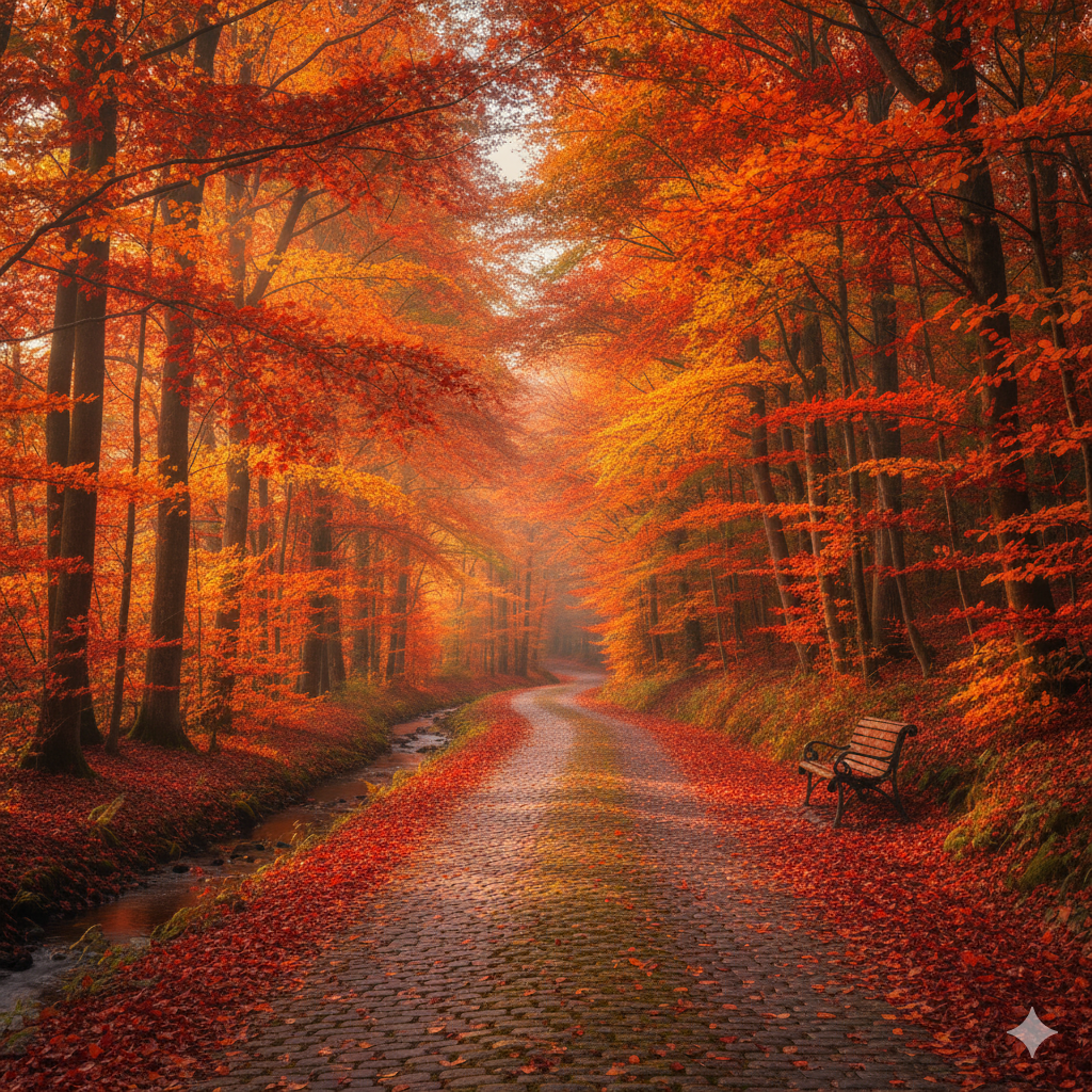 alt="2025년 가을 단풍 절정 시기, 낙엽 가득한 산책길과 벤치"