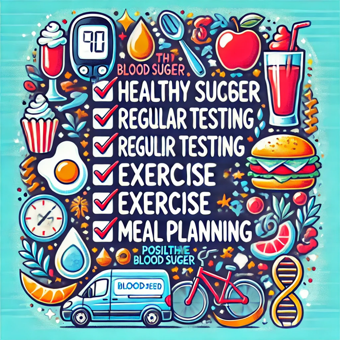혈당 조절을 위한 규칙적인 테스트&amp;#44; 운동&amp;#44; 식단 계획을 강조하는 체크리스트 이미지.