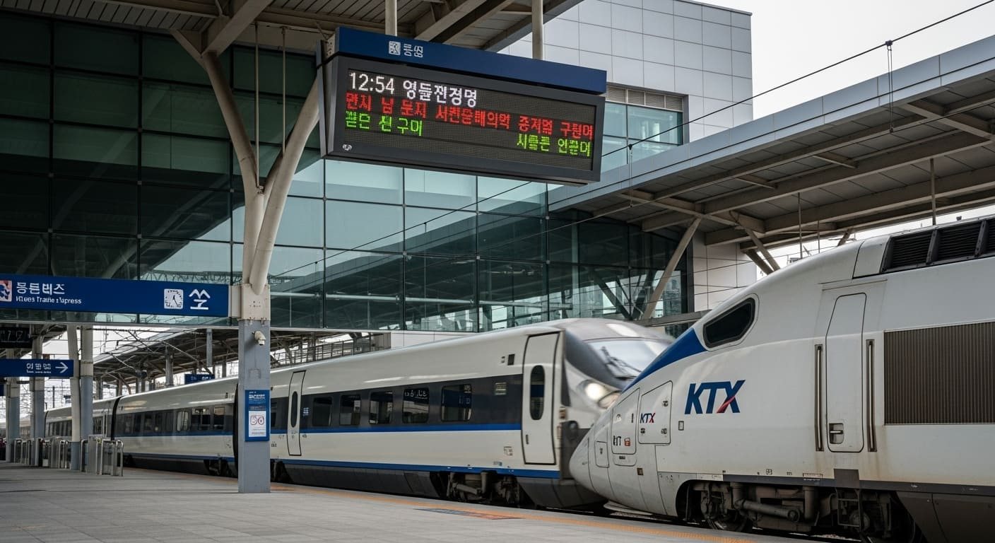 대형 유리 건물 앞에 정차한 SRT 열차와 승강장 안내판