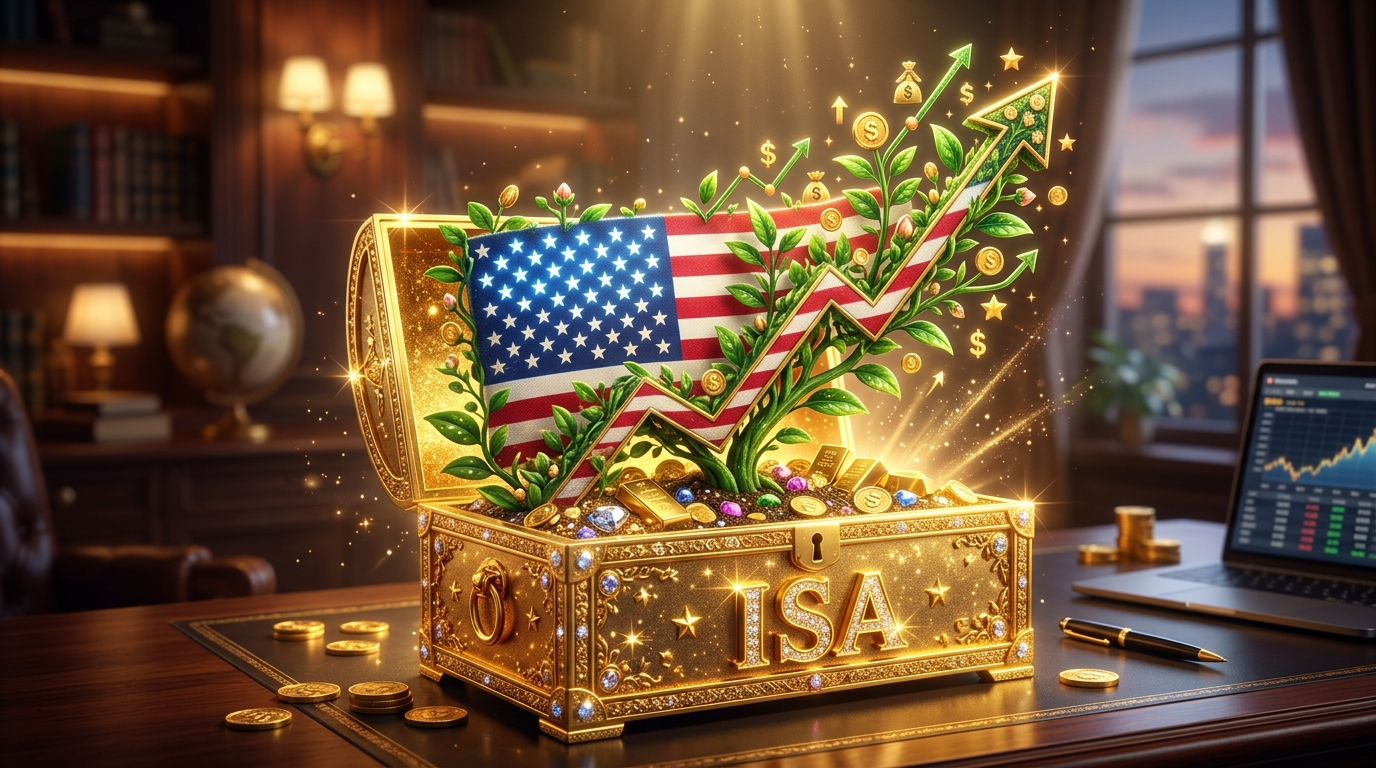 미국 국기가 새겨진 우상향 그래프가 ISA 계좌라는 황금 상자 안에서 쑥쑥 자라나는 모습의 3D 렌더링
