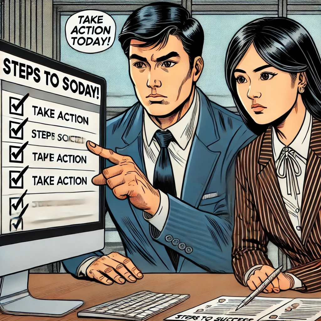 중장년층의 남성과 여성이 컴퓨터 화면의 'Steps to Success' 체크리스트를 가리키며 집중하고 결단력 있는 표정을 짓고 있음