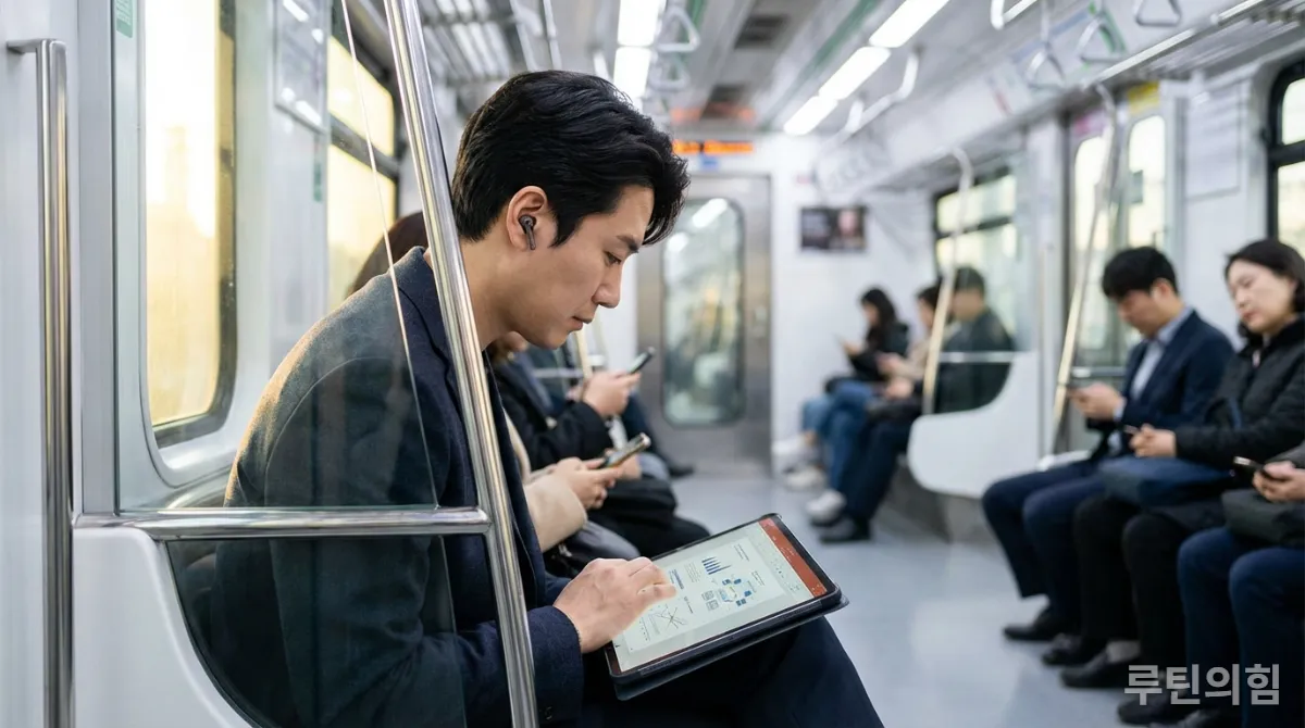 출퇴근길 지하철에서 온라인 강의를 들으며 자격증을 공부하는 한국인 직장인