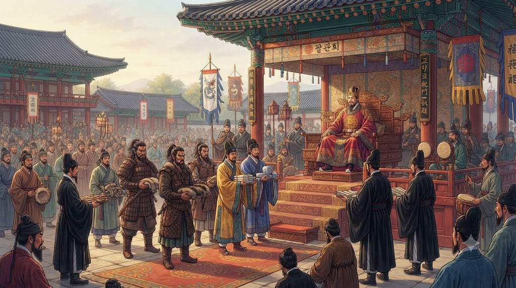 국가적 행사였던 팔관회를 경제·외교적 관점에서 해석했습니다. 개경의 화려한 임시 가설무대(도랑) 앞에서 거행되는 팔관회 의식 장면입니다. 왕이 참석한 가운데, 송나라 상인, 여진족 추장, 탐라국 사신 등 각국에서 온 사람들이 정렬하여 토산품을 바치고 있습니다. 고려 관리가 이를 접수하며 답례품을 내주는 모습에서, 국가가 상업과 외교의 안전을 보증하는 시스템을 시각화했습니다.