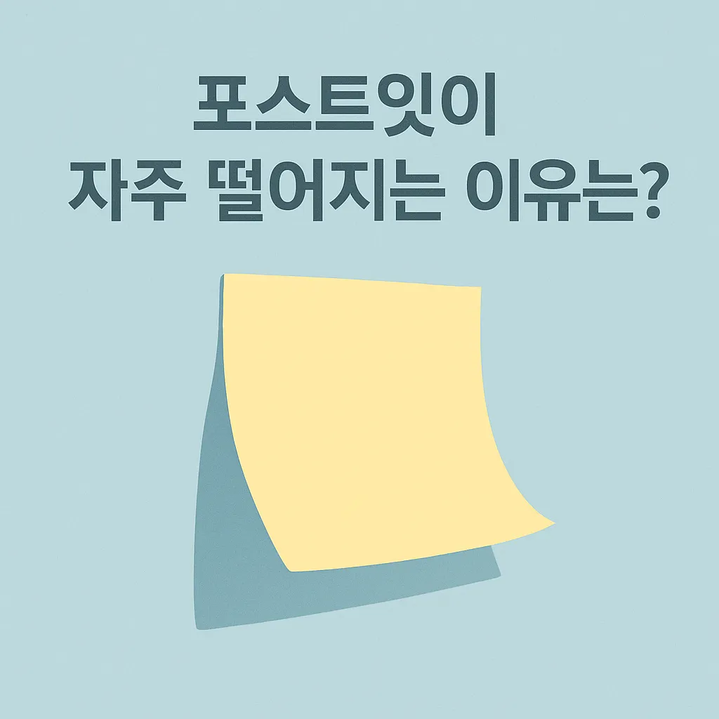 벽에서 일부가 들려 떨어지려는 노란색 포스트잇 메모지와 상단의 &ldquo;포스트잇이 자주 떨어지는 이유는?&rdquo; 텍스트가 있는 미니멀리스트 일러스트
