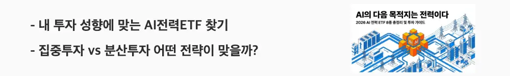 AI전력ETF 비교: '내 투자 성향에 맞는 AI전력ETF 찾기, 집중투자 vs 분산투자 어떤 전략이 맞을까?'라는 문구가 포함된 웹배너 이미지. 이 이미지는 투자 성향에 따른 AI 전력 ETF 선택 기준을 시각적으로 전달하며, 블로그의 AI 전력 ETF 투자 가이드와 관련된 내용을 설명함