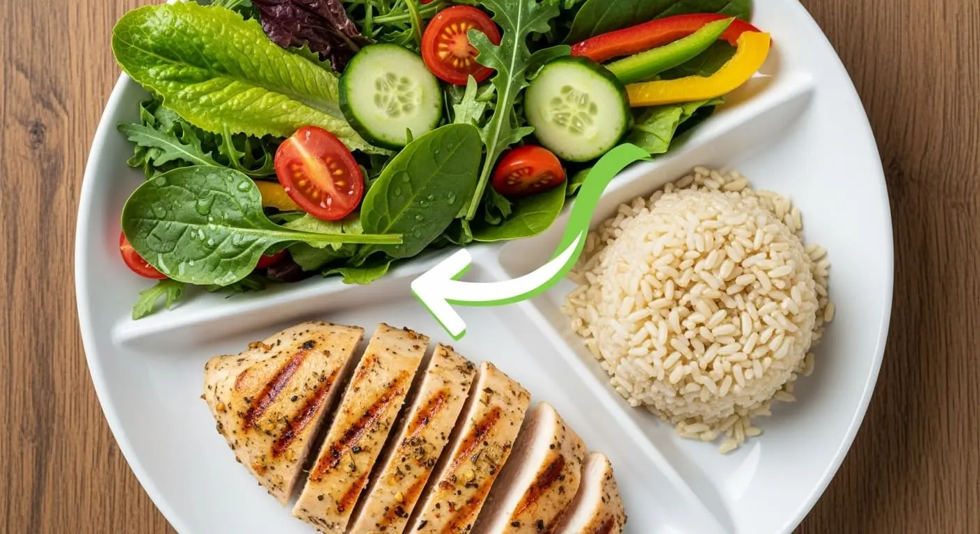 채소, 단백질, 탄수화물 순서로 식사하기 위한 건강한 식판 구성과 식사 순서를 나타내는 화살표