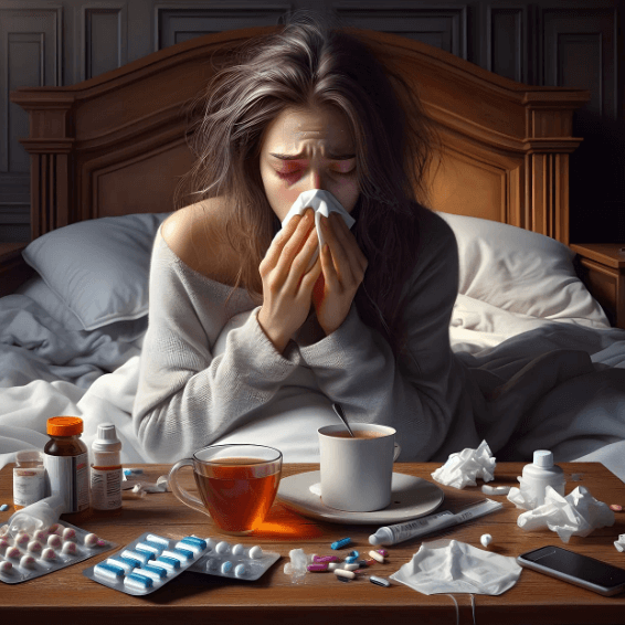 독감 확진으로 힘들어하는 여성