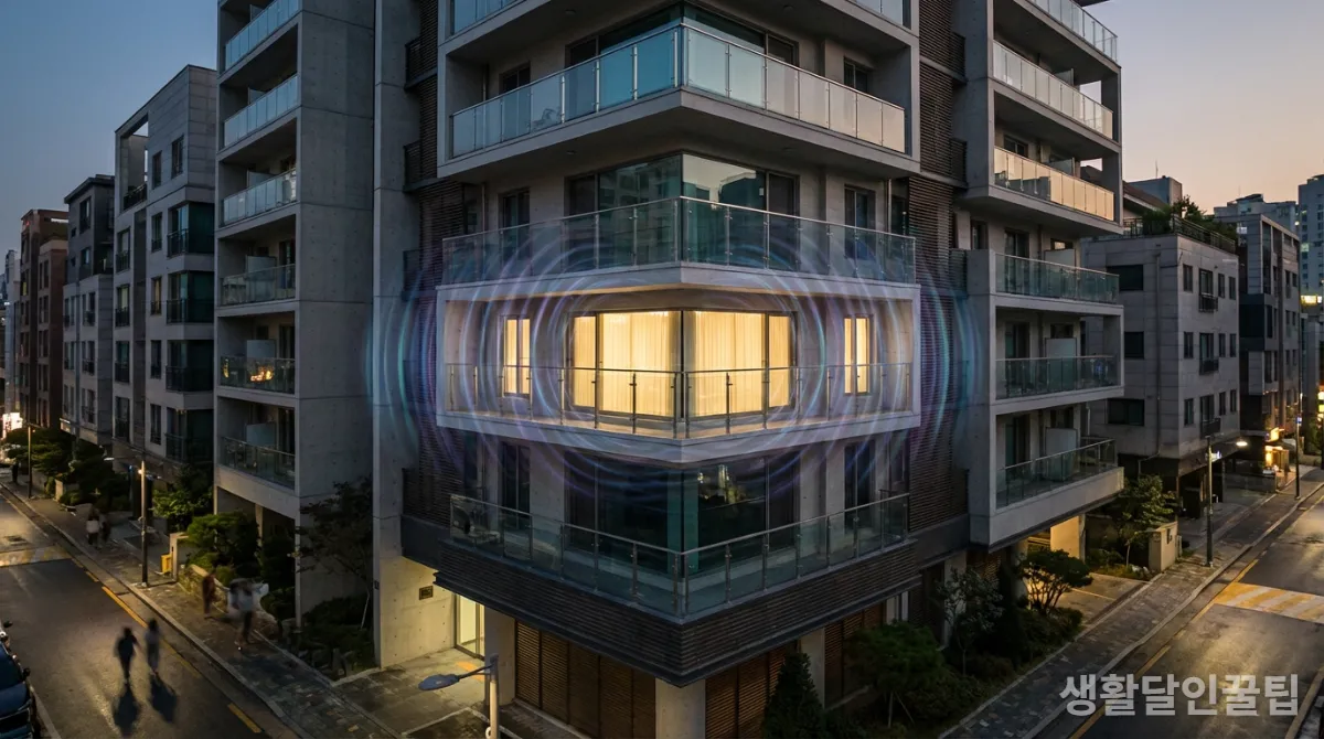 한국 아파트 건물에서 소음이 전달되는 모습을 시각적으로 표현한 이미지