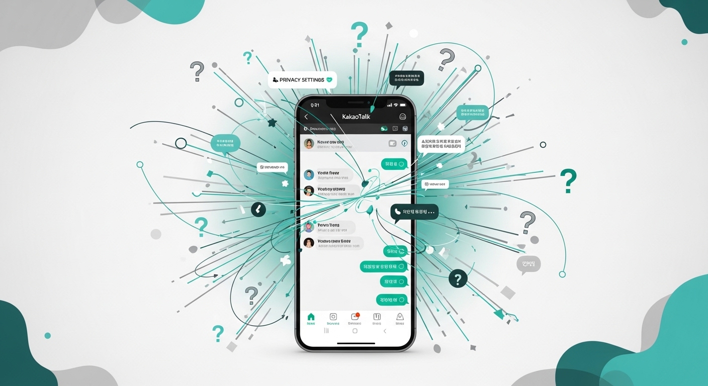 카카오톡 화면 주변으로 혼란스러운 질문들이 맴도는 스마트폰 이미지, 카카오톡 업데이트 후 위치 공유 논란과 오해를 상징합니다.