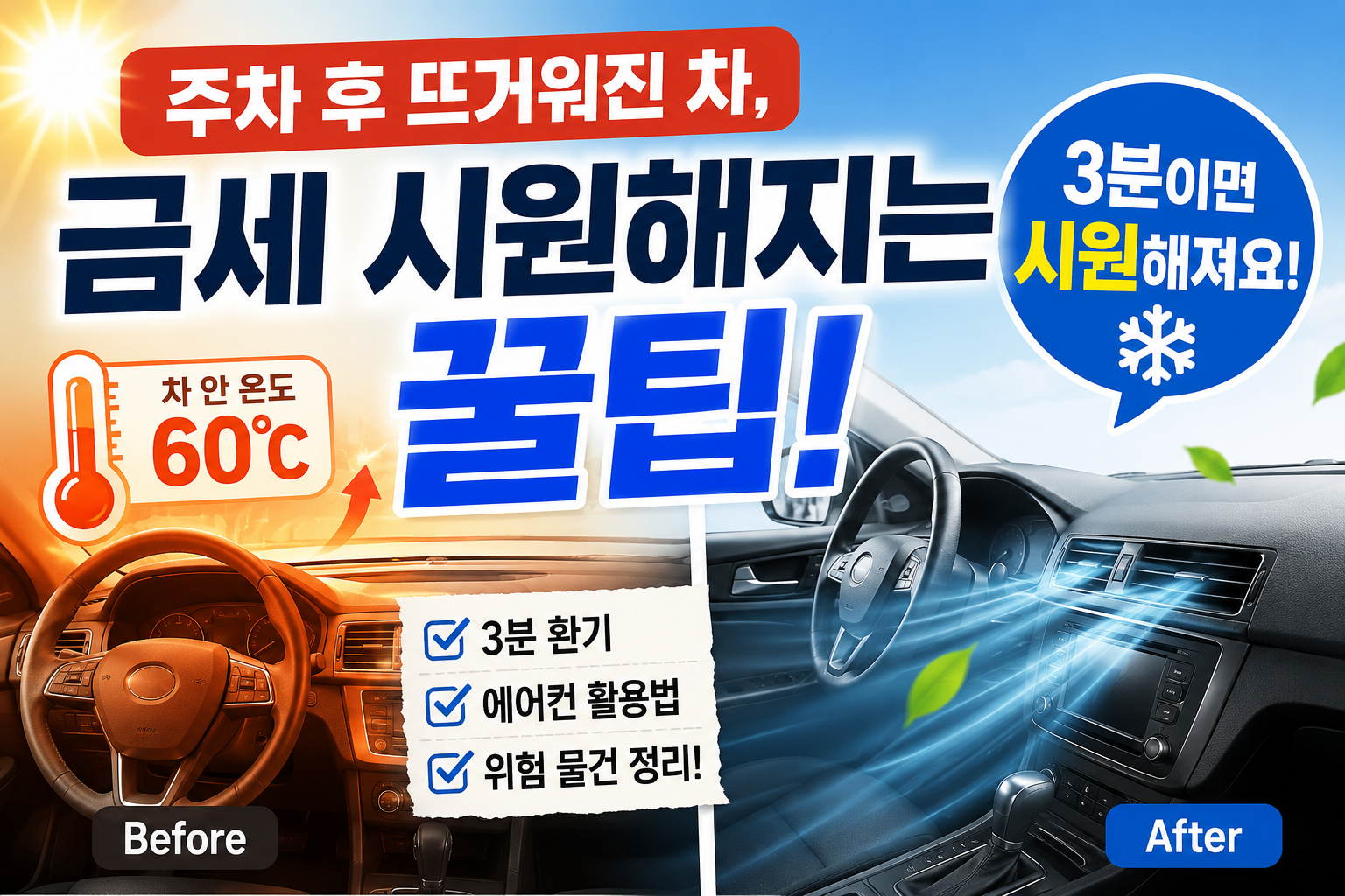 한여름 뙤약볕 아래 주차된 자동차 내부가 60도까지 뜨거워지고 운전자가 창문과 에어컨을 활용해 빠르게 차 안을 시원하게 만드는 모습