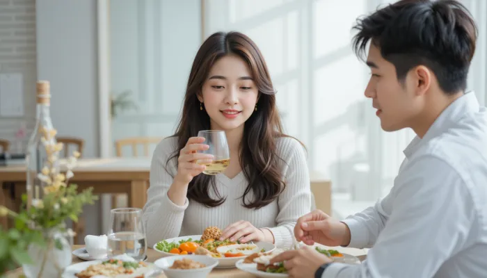 위내시경 후 식사 음주를 피하며 물과 음식을 앞에 둔 남녀의 모습