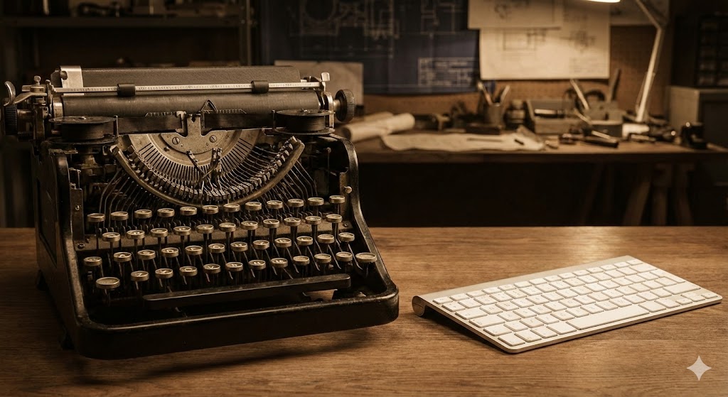 엔틱한-타자기의-기계식-활자-뭉치와-현대적인-컴퓨터-키보드-자판을-오버랩하여-쿼티-배열의-탄생-배경과-역사적-유래를-표현한-이미지