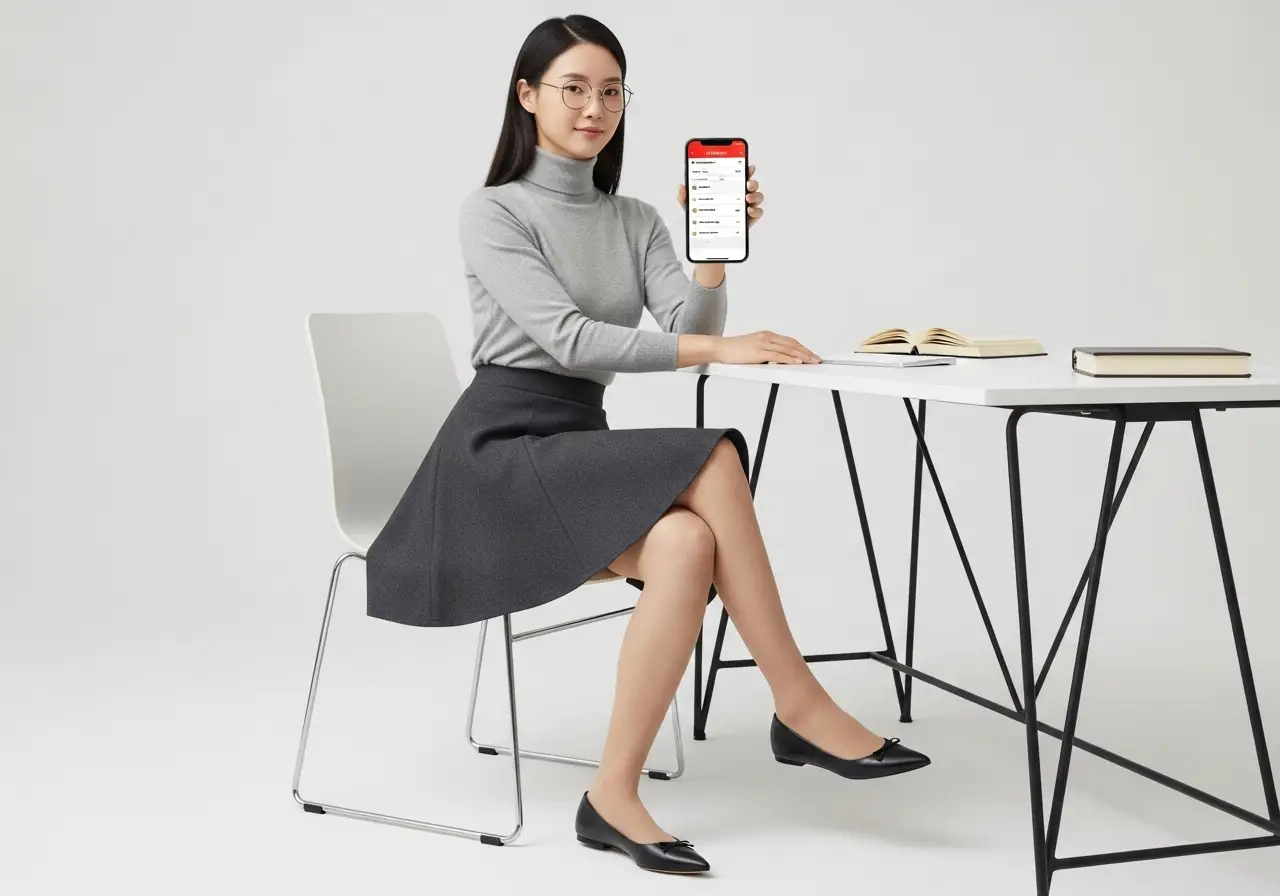 지적인 여성이 스마트폰의 AdGuard 앱 화면을 보여주며 해결책을 제시하고 있다