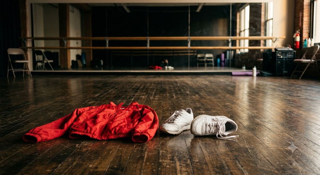 red jacket and white sneakers on empty dance studio floor, no people, retro coed group tribute]
