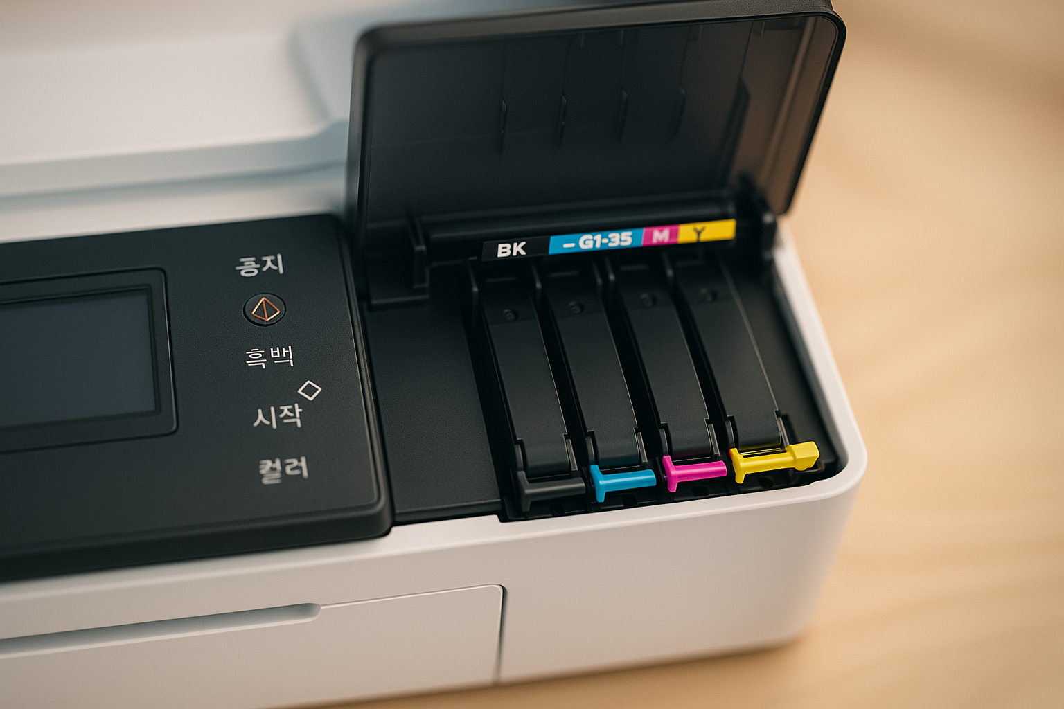 캐논 GX2090 복합기의 컬러 잉크 슬롯 구조, 블랙·시안·마젠타·옐로우 순으로 정렬된 모습