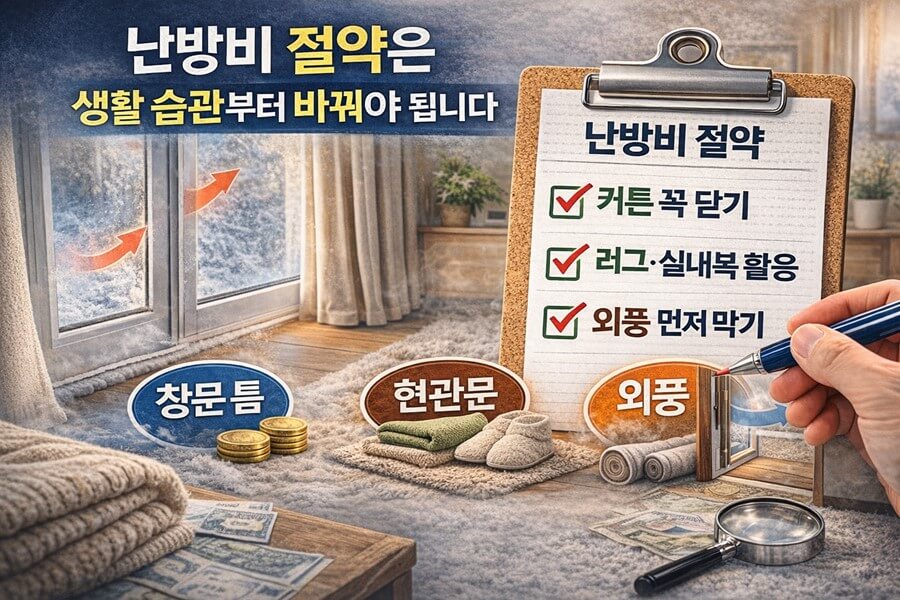 커튼 닫기와 러그 활용, 외풍 차단 같은 생활 습관으로 겨울 난방비를 절약하는 방법을 보여주는 체크리스트 이미지