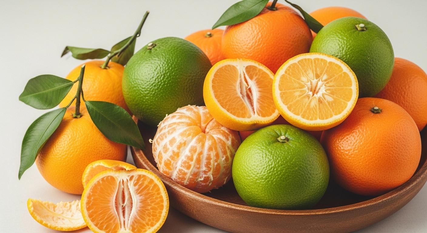 노란색과 주황색의 귤, 유자, 한라봉 등 신선한 감귤류 과일이 나무 그릇에 담겨 있는 모습