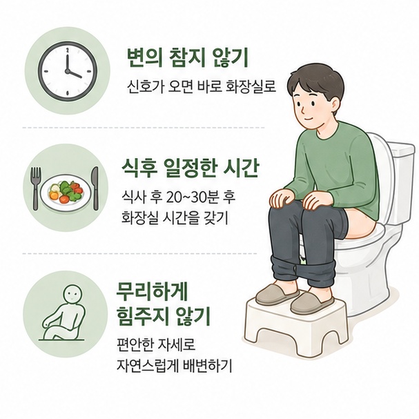 식후 일정한 시간에 화장실에 가고 발판을 이용해 편안한 자세로 배변하는 모습을 보여주는 그림