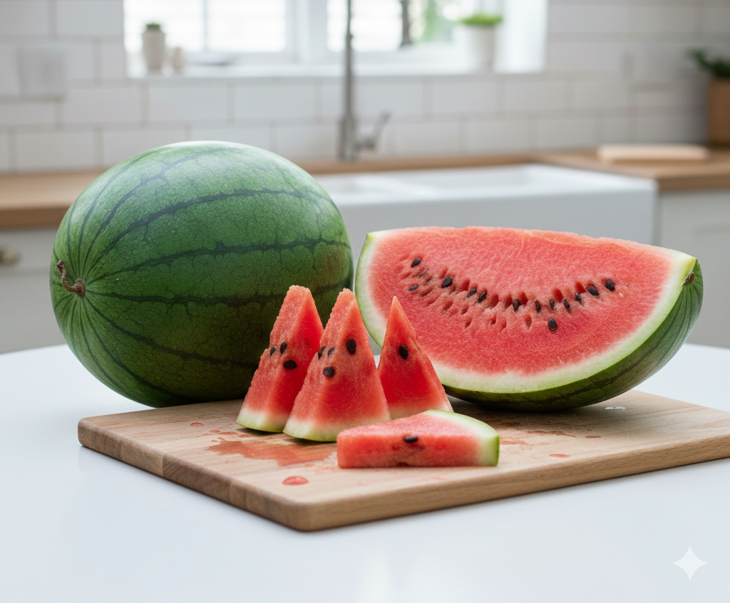 반으로 갈라진 수박 속살의 검은 씨와 새빨간 과육이 대비되어 더욱 먹음직스러운 모습