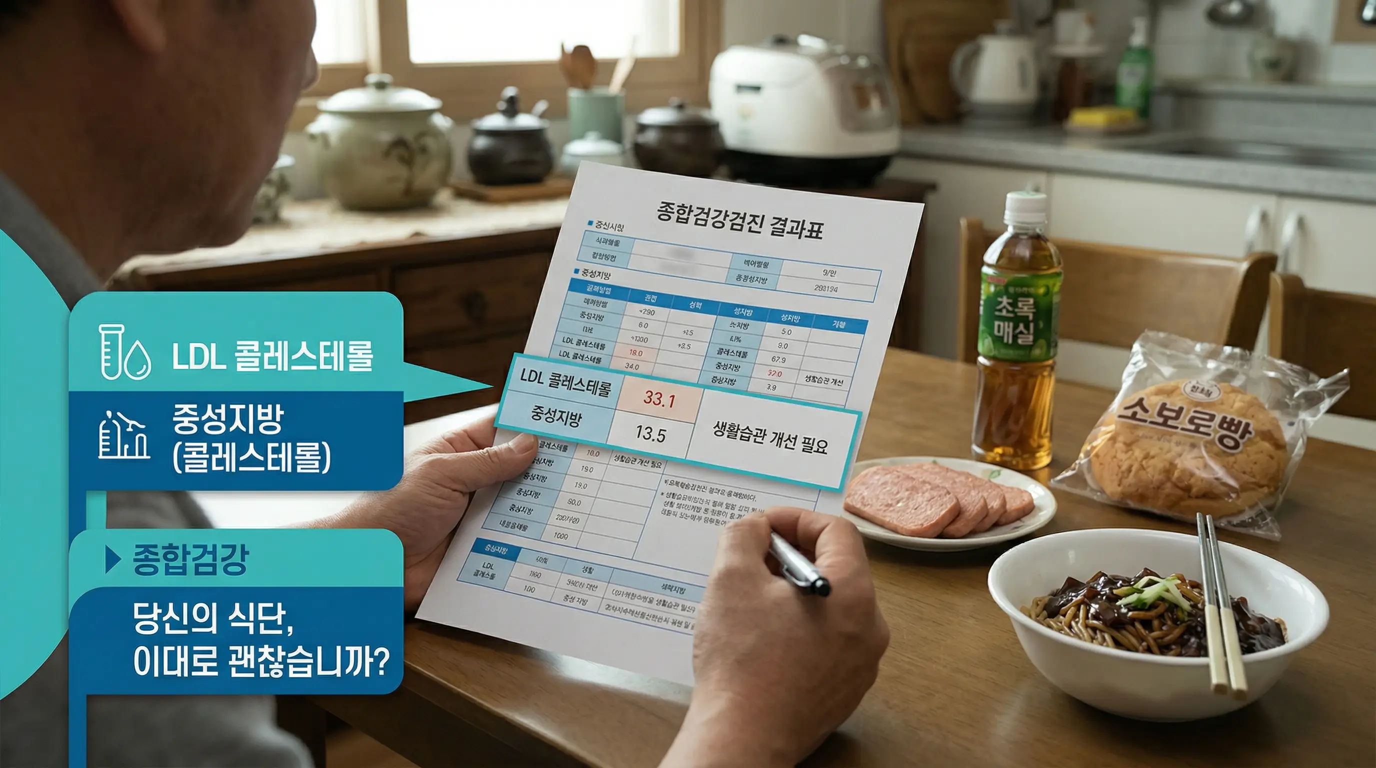 검진표와 식사 선택을 함께 보는 장면