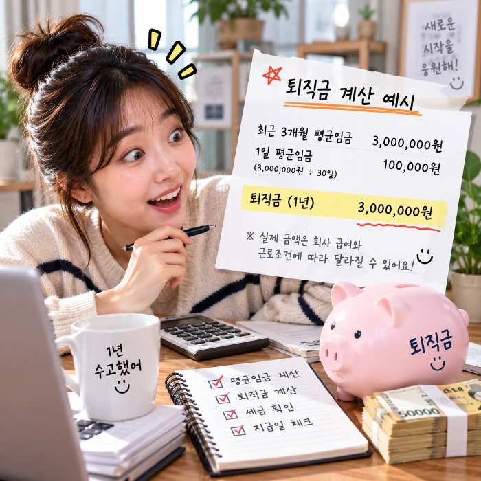 1년 근무 후 받을 수 있는 퇴직금을 평균임금과 근속기간을 기준으로 계산하며 예상 금액을 확인하는 직장인 이미지