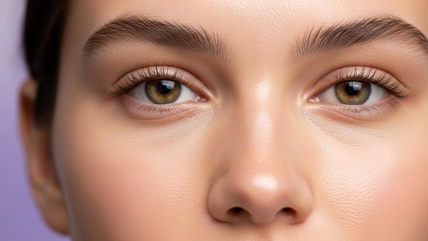 얼굴에 초점을 맞춘 매크로 샷으로, 지성 피부의 미묘한 징후(예: 이마나 코에 약간 광택이 있음)가 다른 부위의 수분이 풍부하고 매끄러운 피부와 대조됩니다.