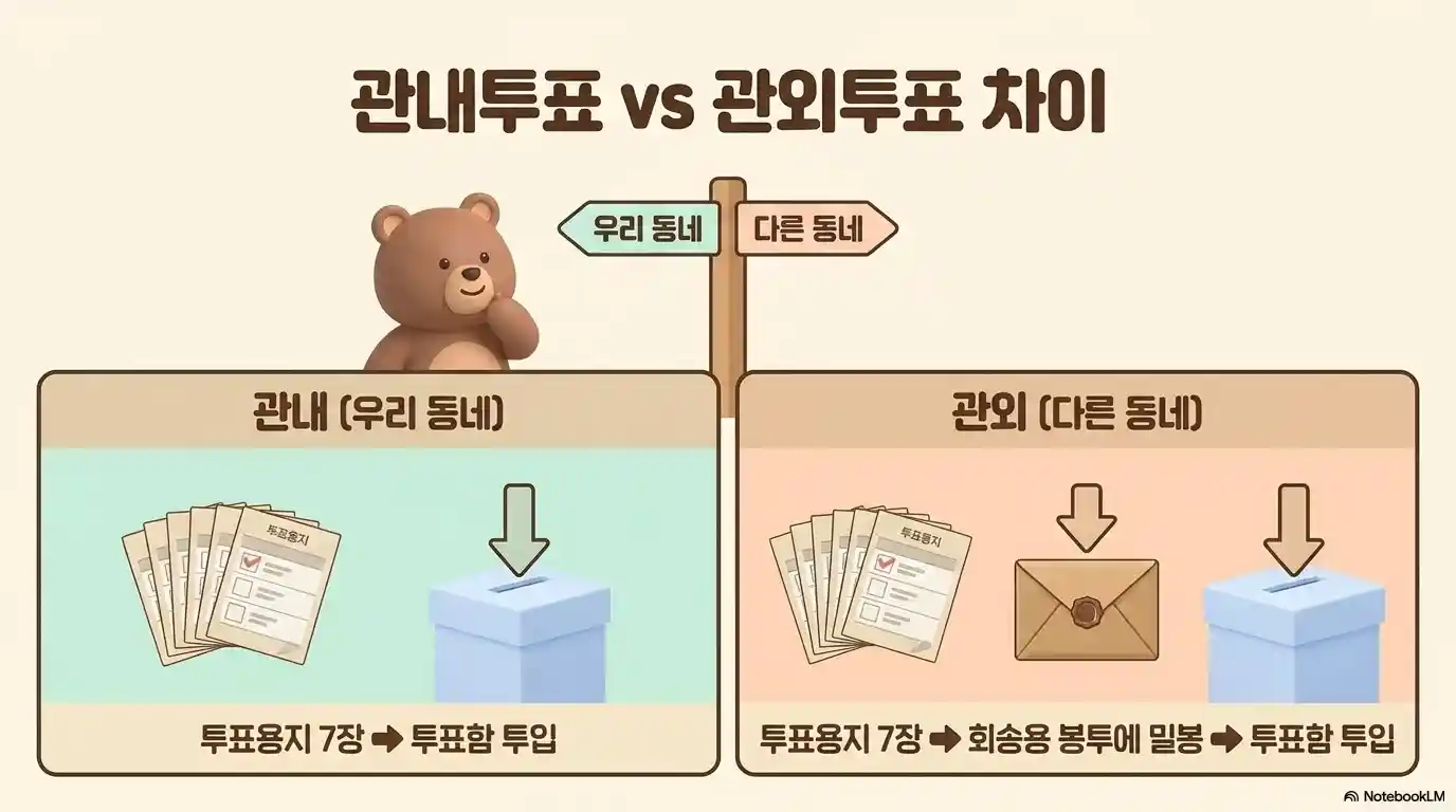 관내투표 vs 관외투표 차이 비교 인포그래픽 - 투표용지 7장 직접 투입과 회송용 봉투 밀봉 후 투입